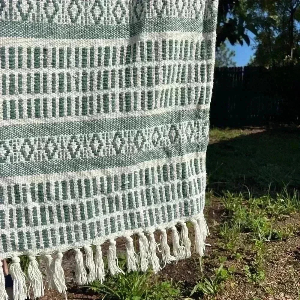ASHTON WOODS GREEN MULTI THROW BLANKET 100% COTTON 50” x 60” INDIA boho style - Picture 3 of 8